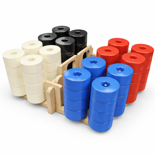 Set of colorful tape rolls arranged in a wooden holder on a white background