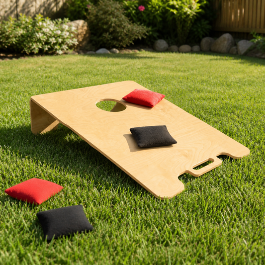 Cornhole board with red and black bags on a grassy outdoor setting