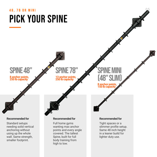 An informational comparison chart showing three anchor setups labeled Spine 48", Spine 78", and Spine Mini, with labeled anchor points and capacity. The chart includes labeled rope sections, a black anchor symbol, and descriptive text blocks on a white background.