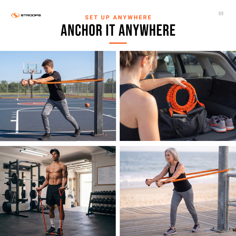 Orange bands being used by multiple people in different settings: on an outdoor basketball court, in a gym, in a car trunk, and on a beach boardwalk. The top of the image includes the text 'SET UP ANYWHERE ANCHOR IT ANYWHERE' and the STROOPS logo.