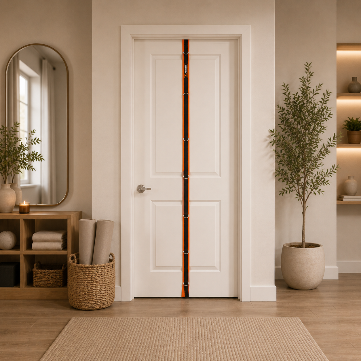 A white interior door with a vertical orange and black magnetic door stopper in the center, shown in a styled home entryway with plants, a mirror, and a woven rug.