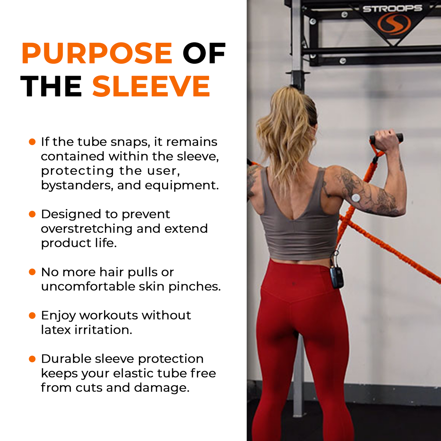 Woman exercising with resistance bands, text explaining sleeve purpose on the left.