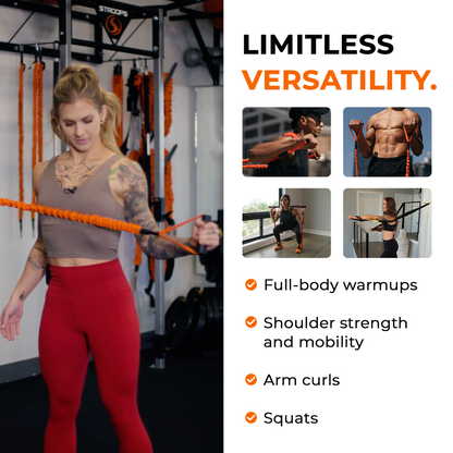 Woman exercising with resistance bands in a gym setting, with text highlighting versatility and workout benefits.