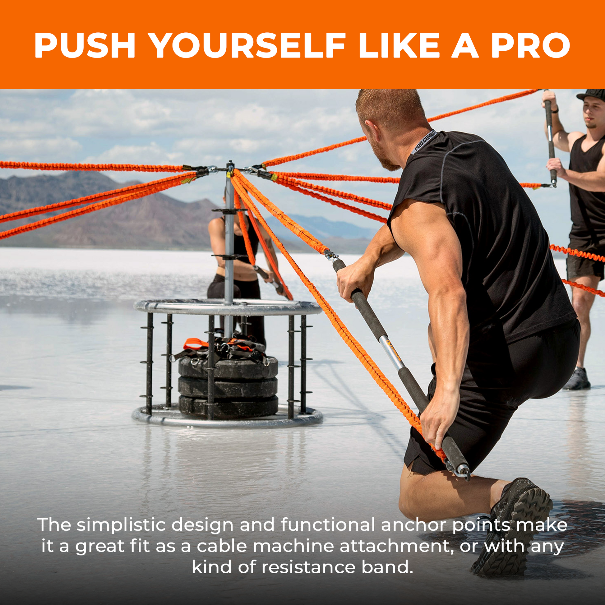 Person using resistance bands with a scenic background, promotional text overlay.