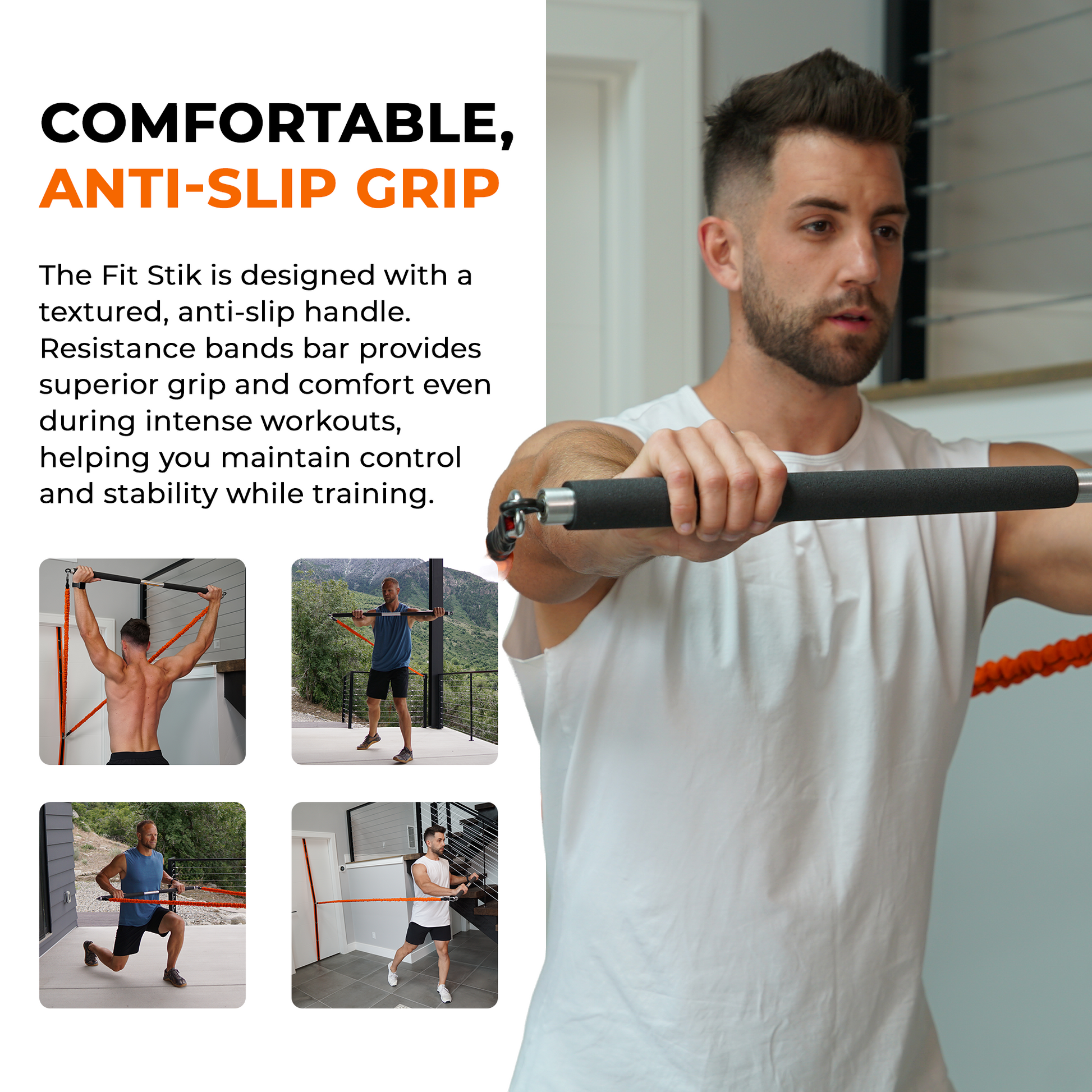 Man using a resistance bands bar with text about its comfortable anti-slip grip