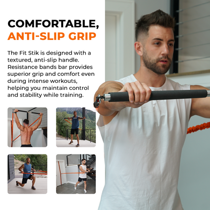 Man using a resistance bands bar with text about its comfortable anti-slip grip