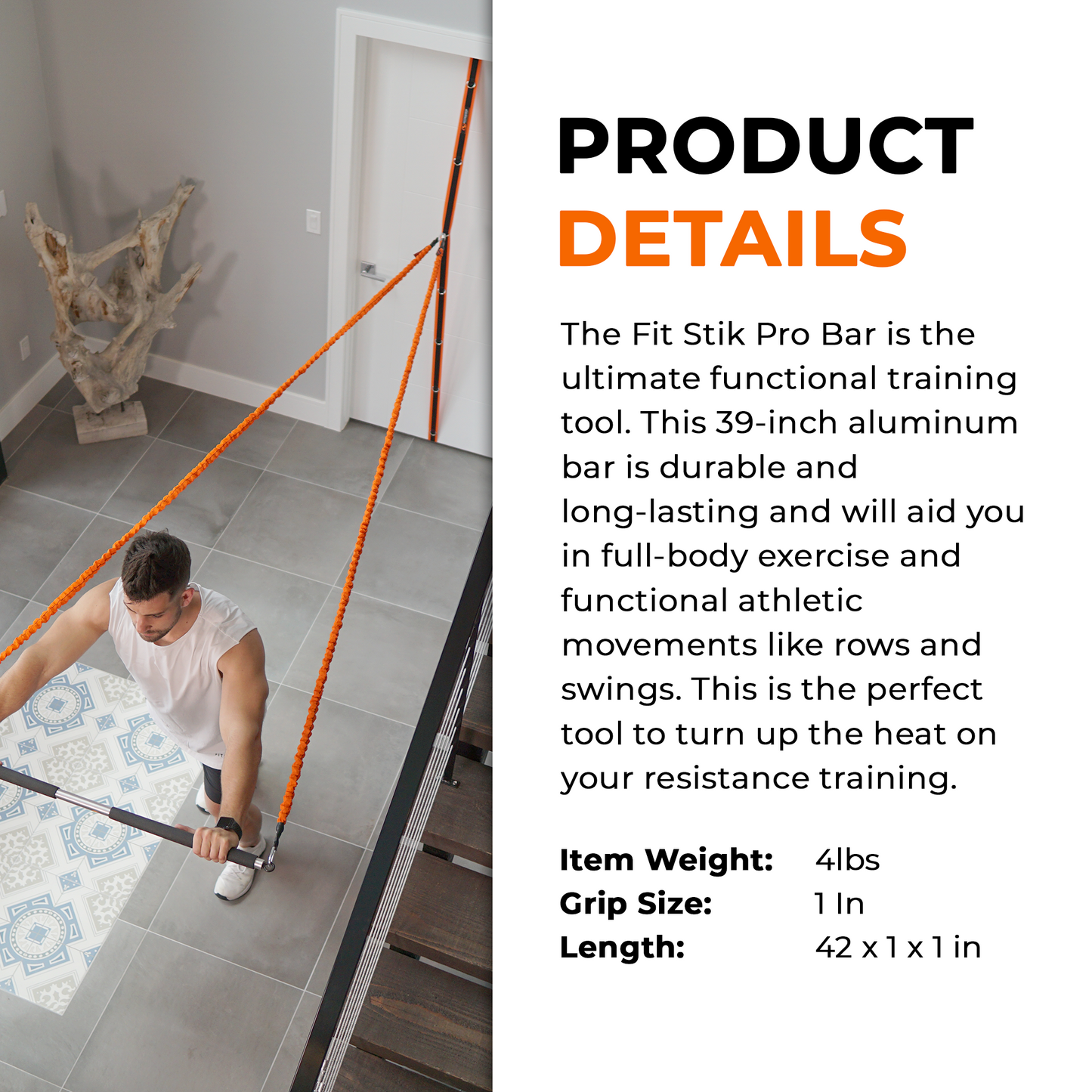 Person using a Fit Stik Pro Bar in a home setting with product details on the right.