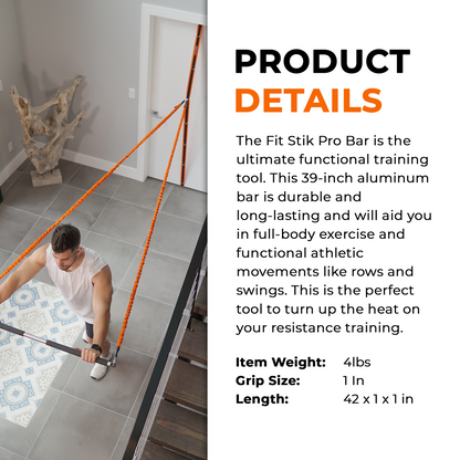 Person using a Fit Stik Pro Bar in a home setting with product details on the right.