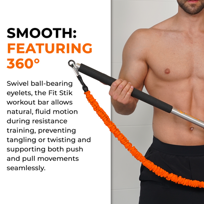 Man holding a Fit Stik workout bar with text describing its features.