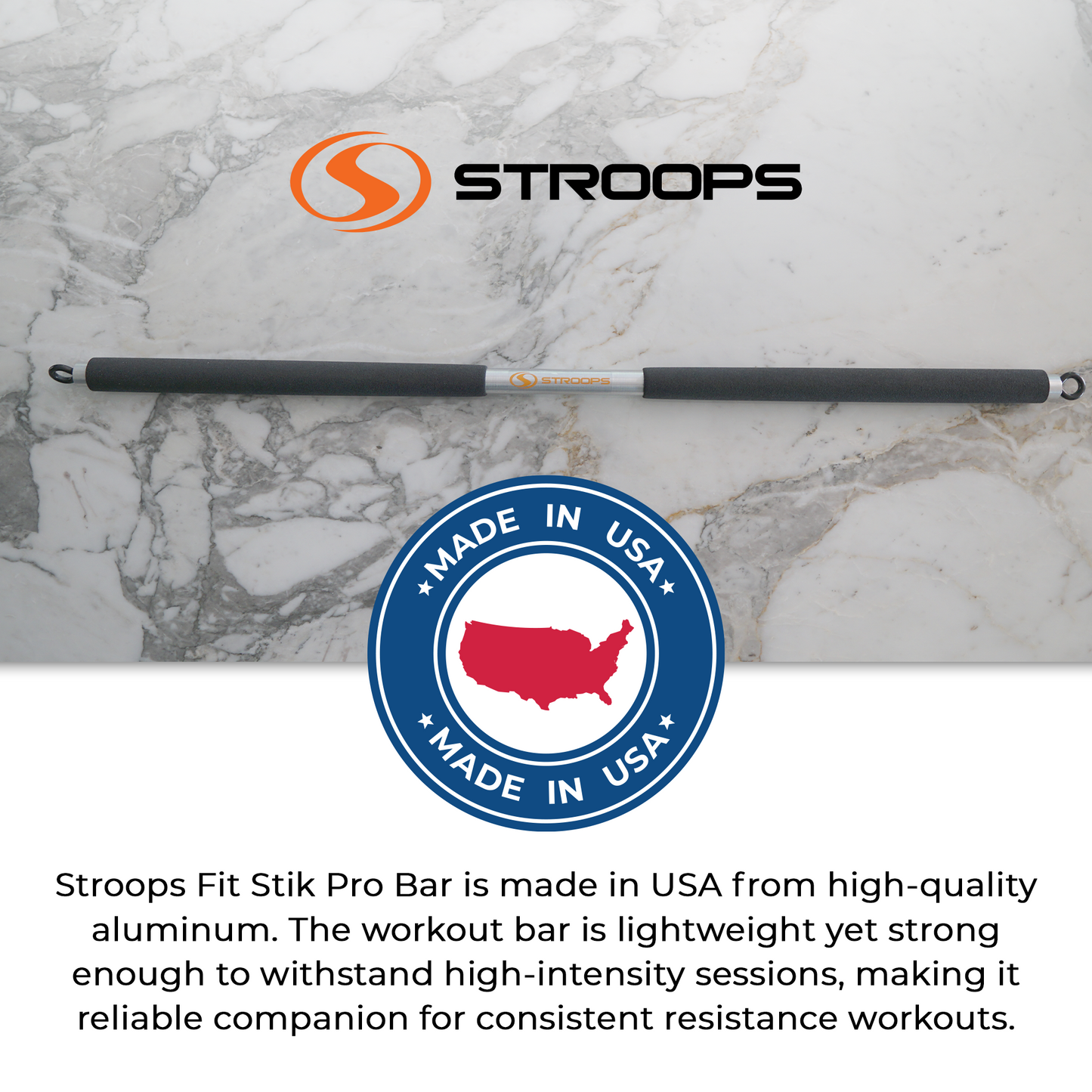 Stroops Fit Stik Pro Bar on a marble surface with 'Made in USA' badge.