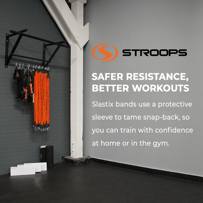 Gym setting with resistance bands and Stroops branding on a gray wall.