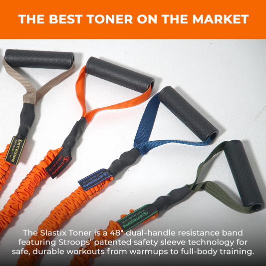 Four Slastix Toner resistance bands with dual textured handles in beige, orange, blue, and olive green, arranged diagonally on a white background with promotional text overlays.