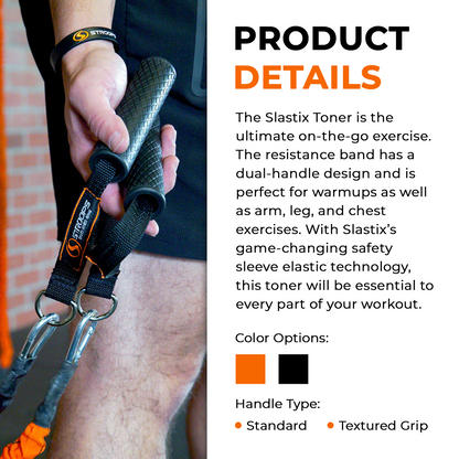 A person holding a black Slastix Toner resistance band with textured grips and metal carabiners, shown alongside product details text on a white background. The image includes color options and handle type information, and the Slastix brand is visible on the wristband and band tag.