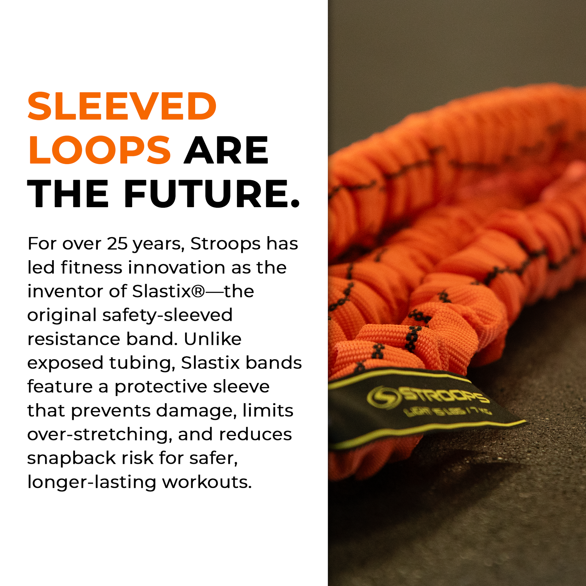Orange resistance band with a sleeve, text about Stroops fitness innovation, and product name.