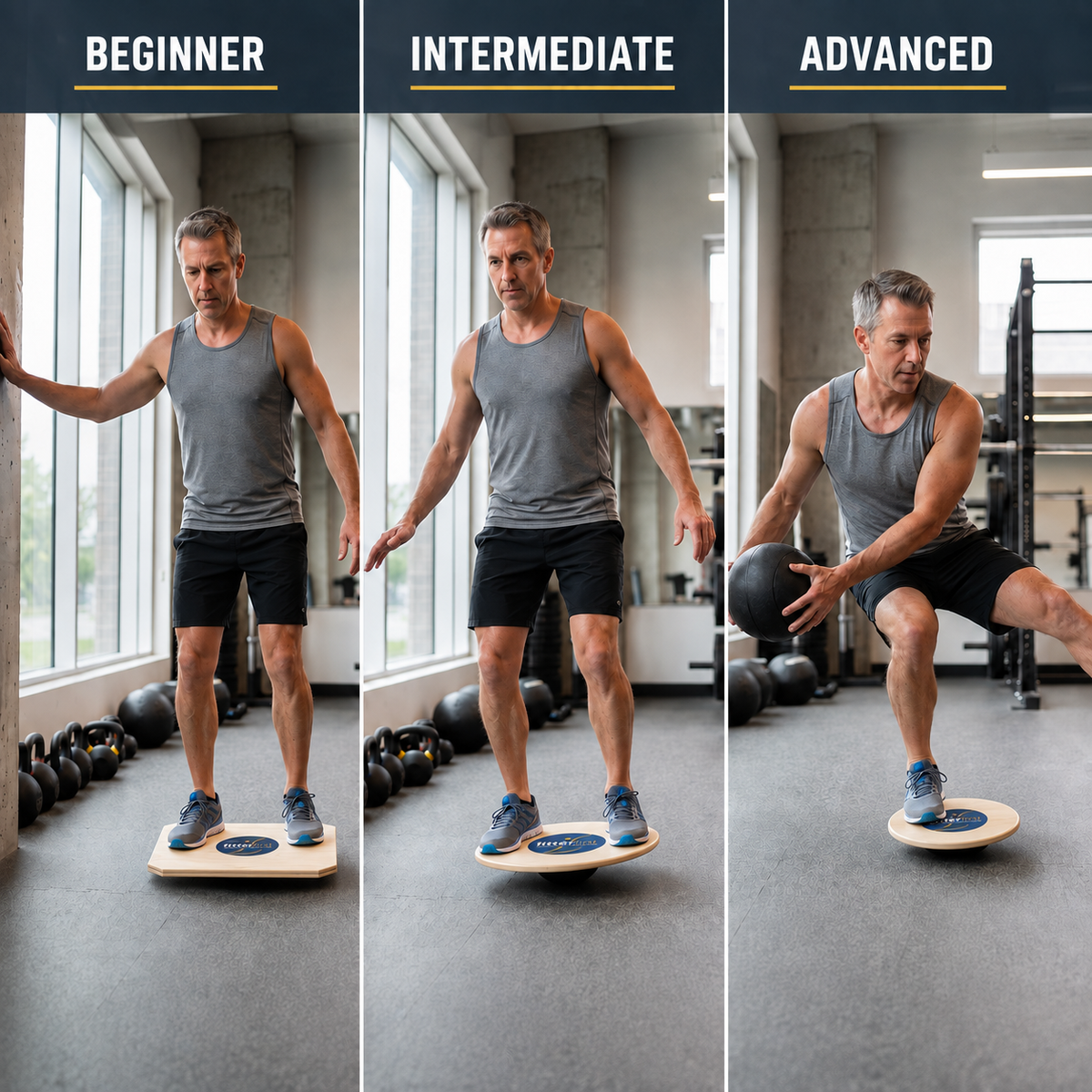 Three-panel fitness guide showing a man in a gym progressing with a balance board, from beginner to advanced levels, wearing a gray tank top and black shorts.