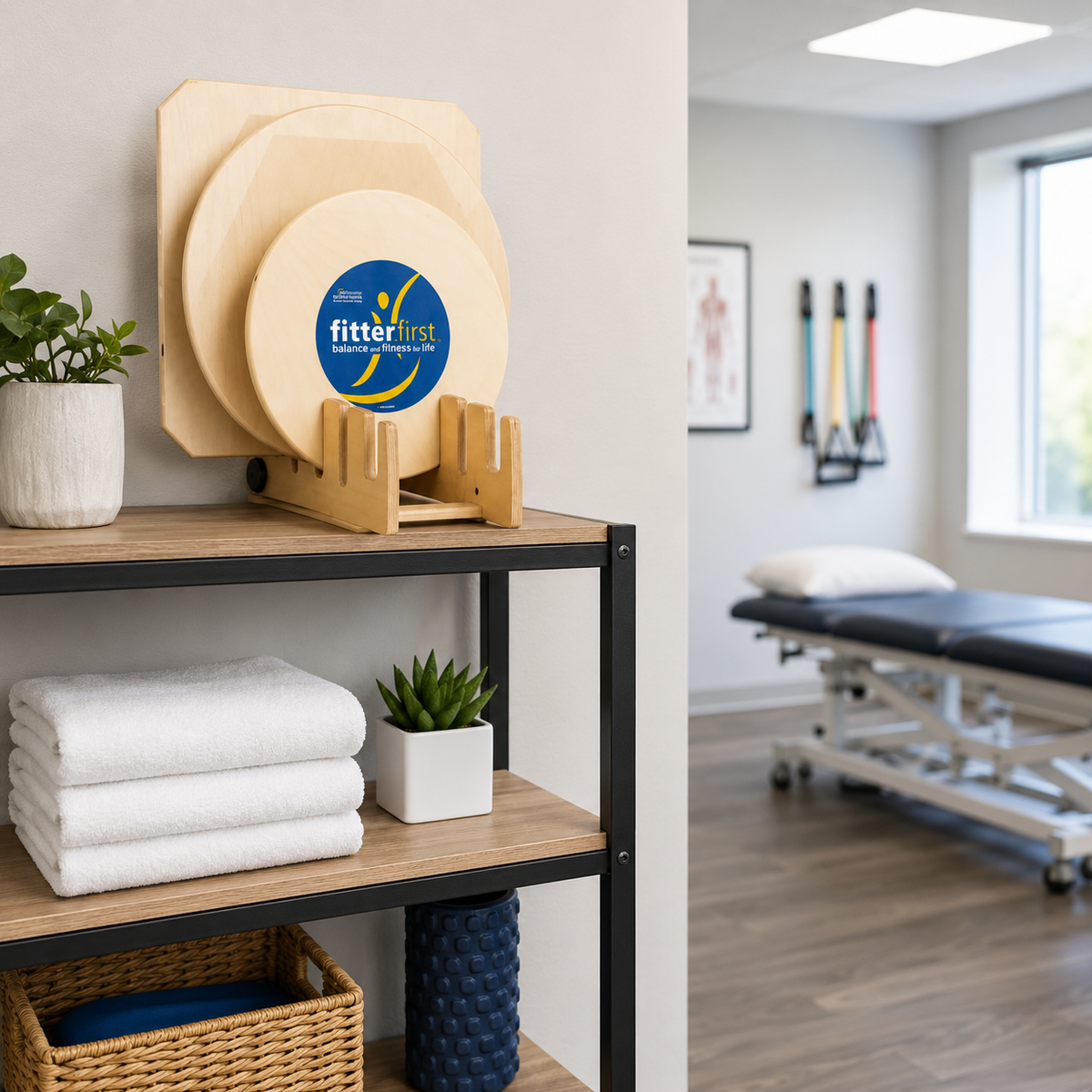 Fitterfirst balance boards stored neatly in the included board stand on a shelf in a physical therapy clinic.