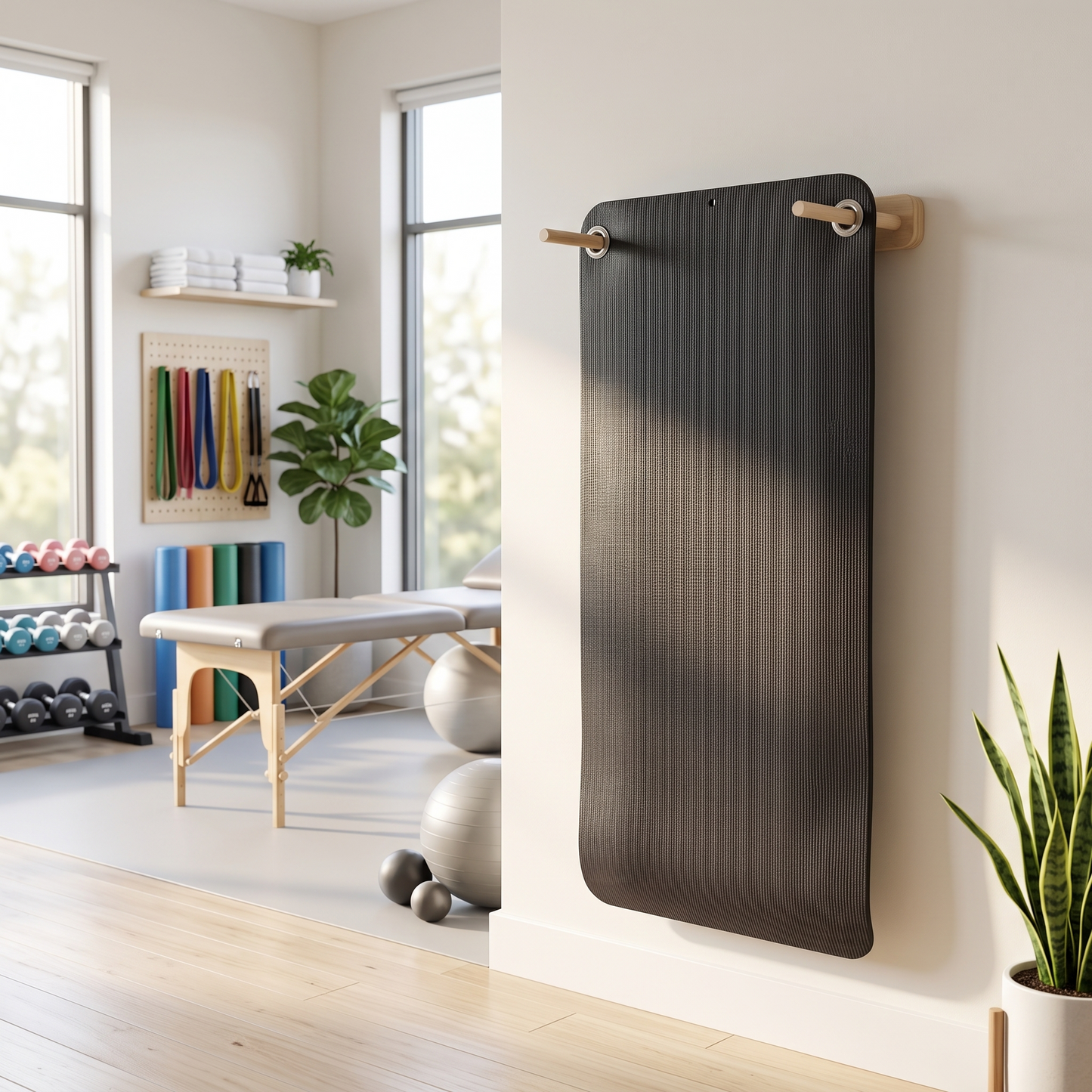 A dark gray yoga mat hangs on a light wood wall rack in a bright, modern yoga studio with exercise equipment, windows, and indoor plants.