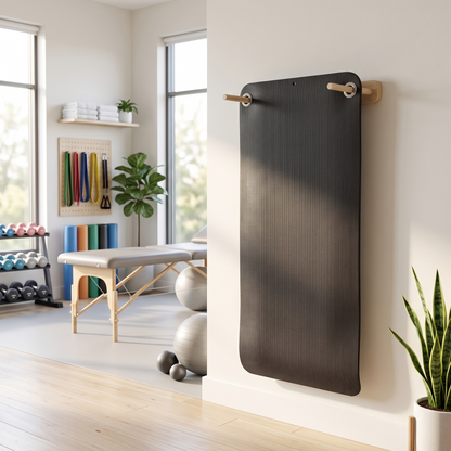 A dark gray yoga mat hangs on a light wood wall rack in a bright, modern yoga studio with exercise equipment, windows, and indoor plants.