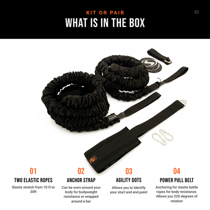 Box contents graphic for a black elastic battle rope set, showing two coiled black ropes, an anchor strap, agility dots, a power pull belt, and metal clips on a white background with text labels explaining each included item.