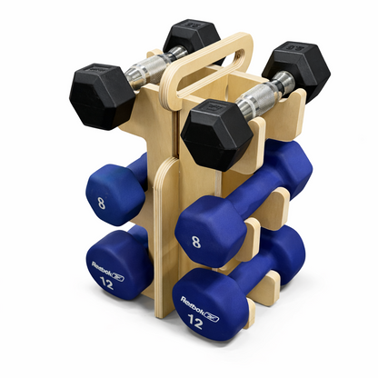 Set of dumbbells on a wooden rack.