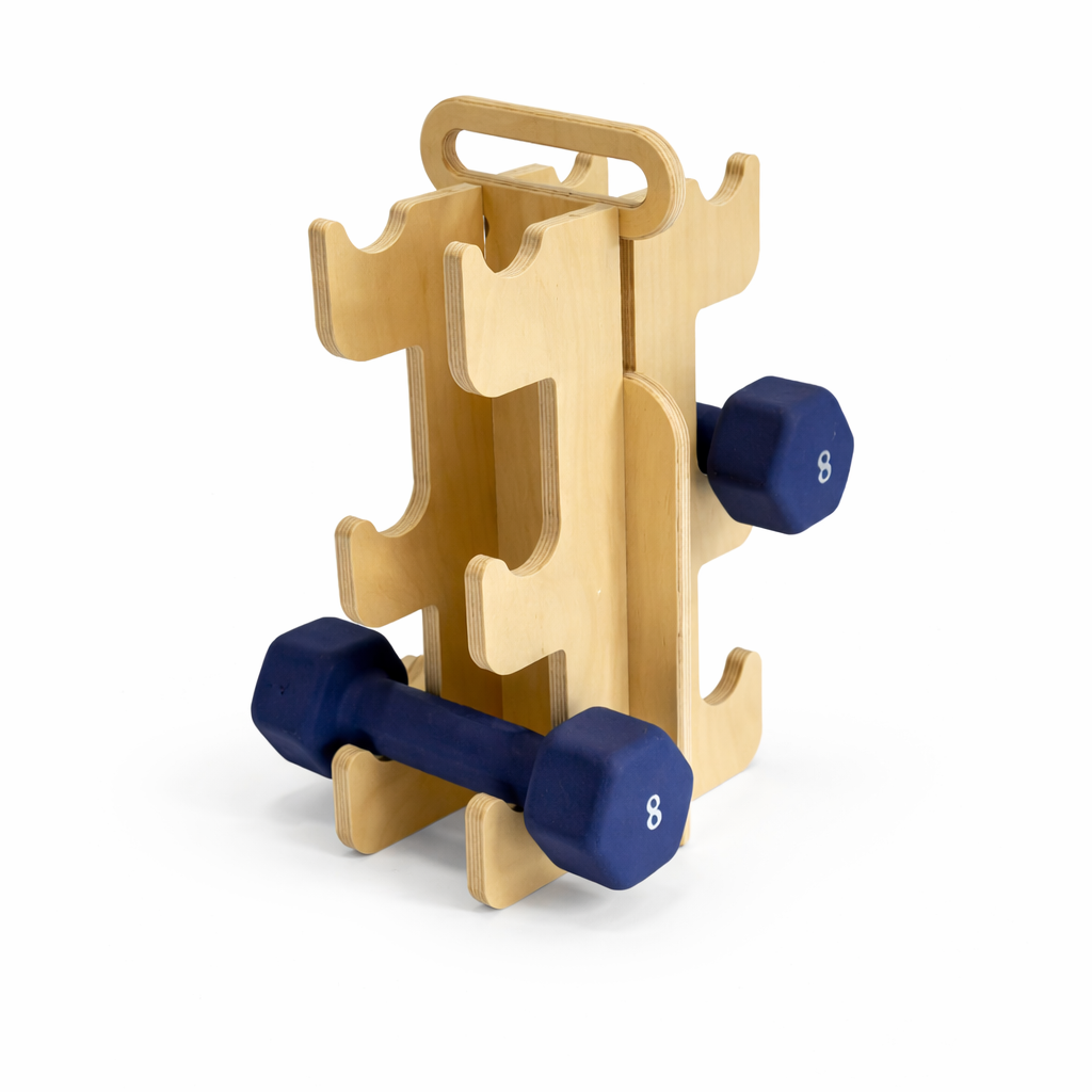 Wooden dumbbell rack with blue dumbbells on a white background