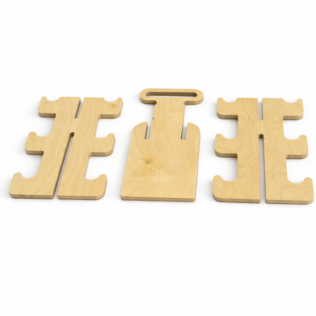 Three wooden objects on a white background