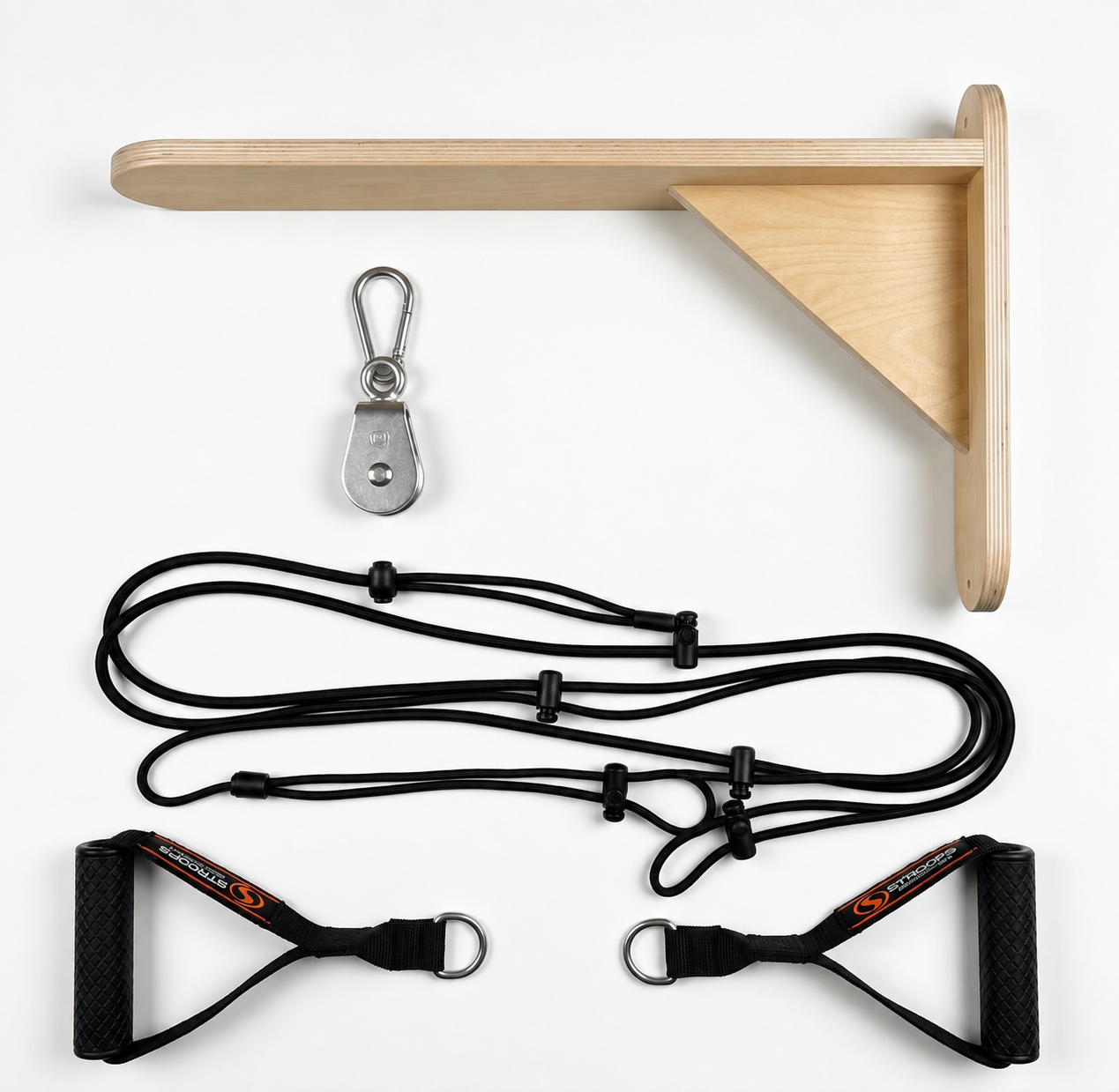 Wooden wall-mounted resistance band frame with black resistance tubes, black handles, and a silver metal snap hook on a white background.