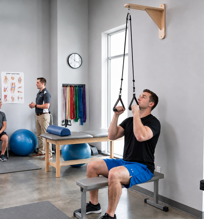 A man in a black t-shirt and blue shorts sits on a resistance bench pulling up on a black hanging grip trainer set in a bright physical therapy or fitness studio.