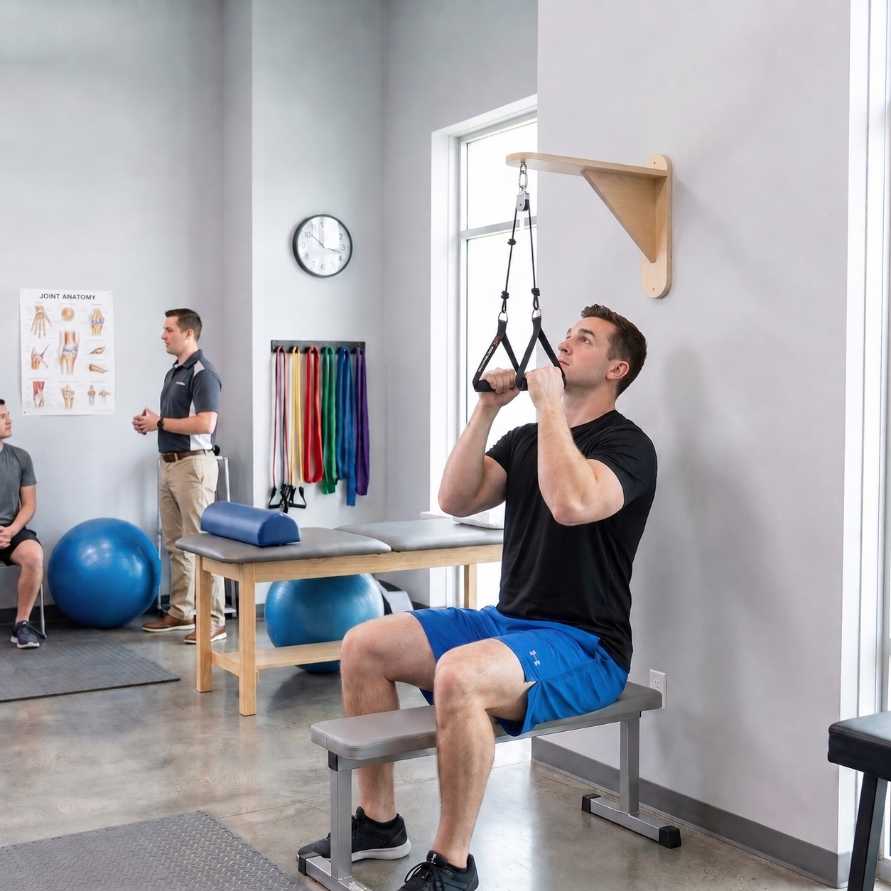 A man in a black t-shirt and blue shorts sits on a bench in a fitness studio, pulling a wall-mounted hanging trapeze bar. Another man stands in the background near exercise equipment.