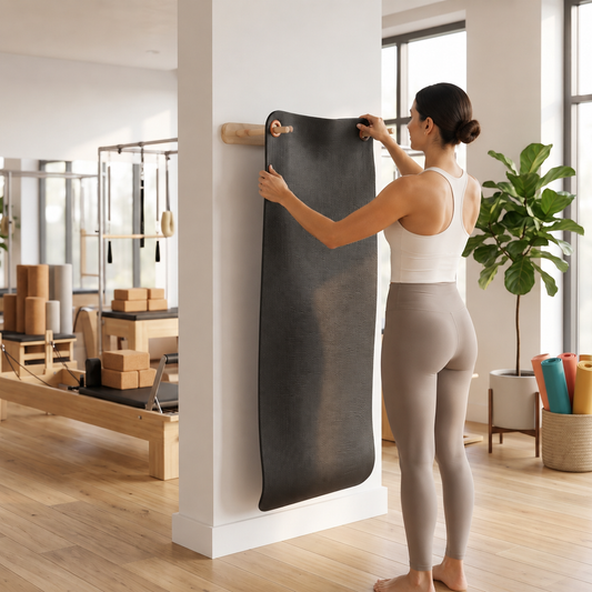 Woman placing a mat on the wood adjustable mat rack