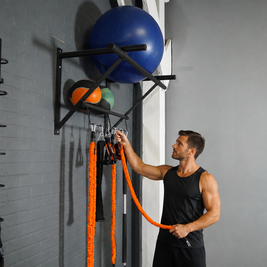 Man putting away equipment on a storage rack