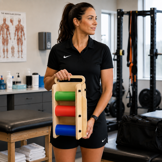 Woman holding a wooden therapy device with colorful rollers in a gym setting