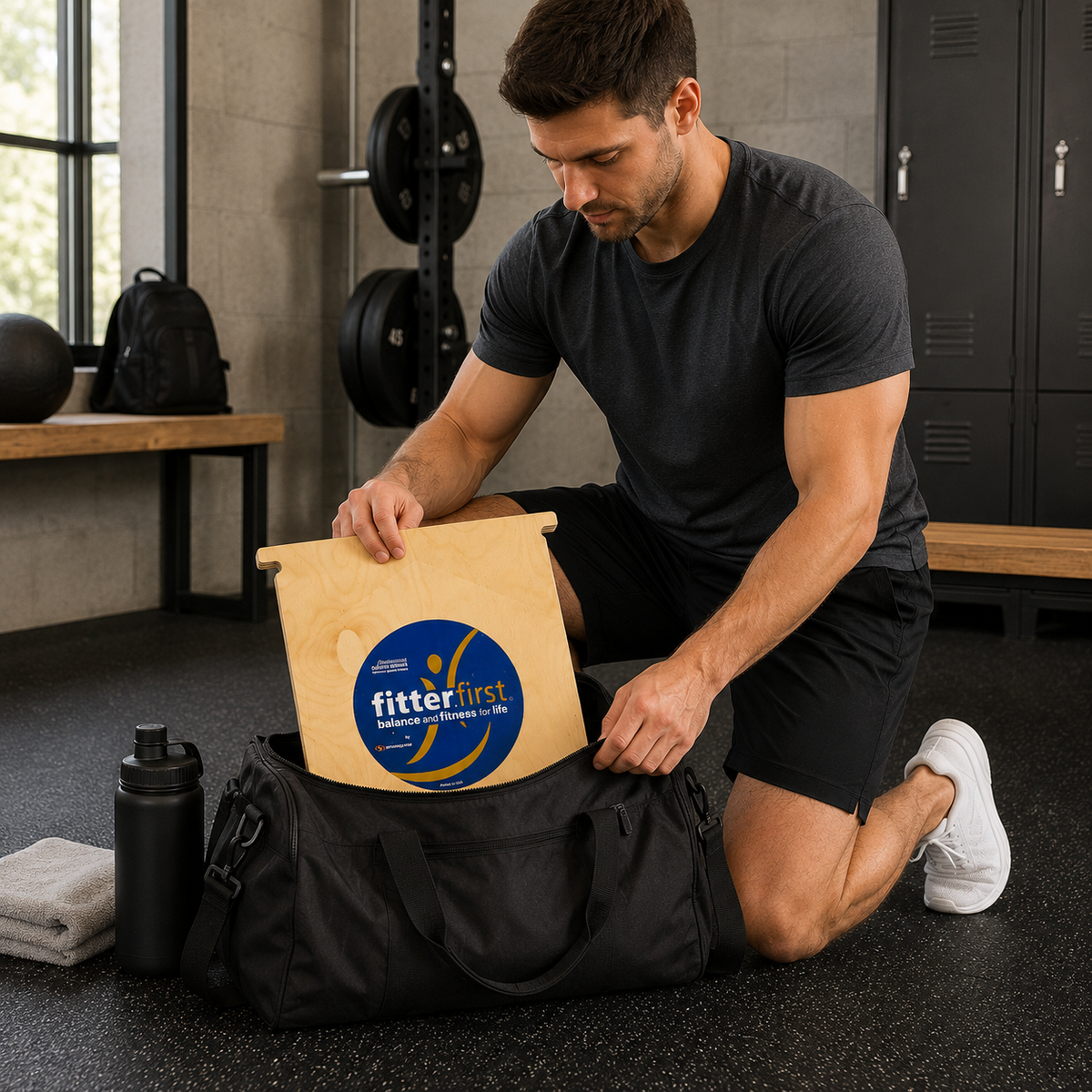 Man in a gym setting opening a bag with 'fitterfirst' branding.