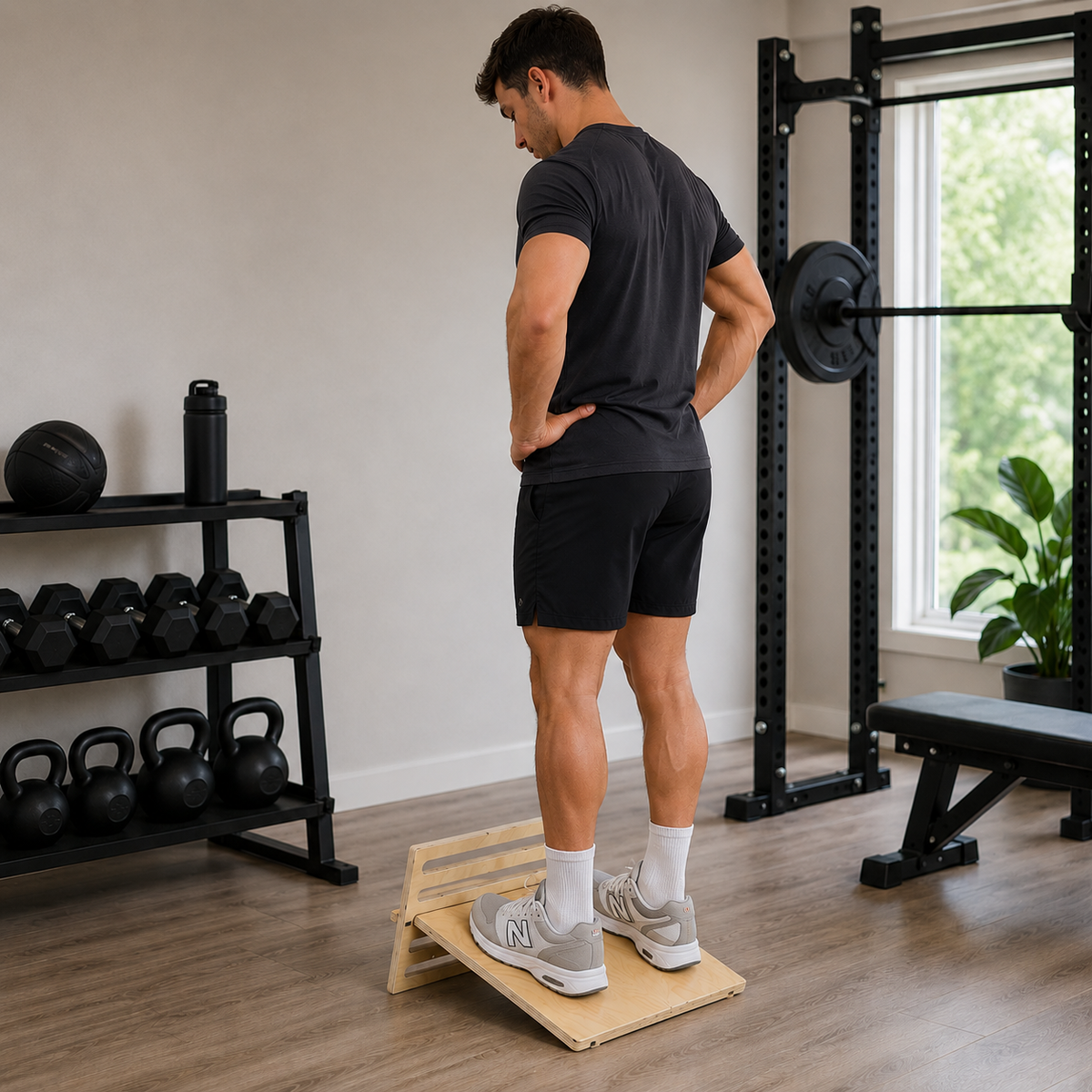 Man using a wooden balance board in a home gym setting