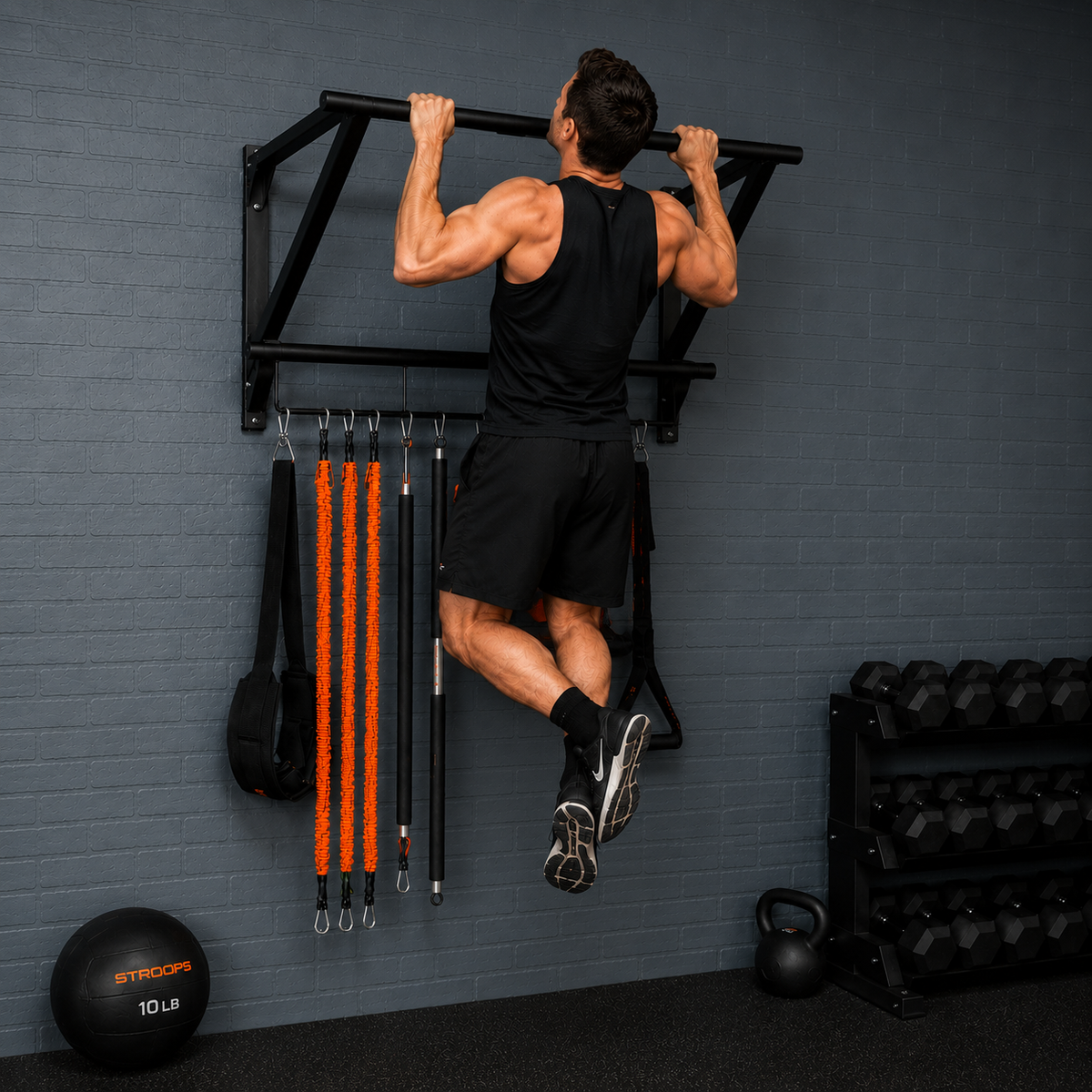 Person performing pull-ups on a pull-up bar in a gym setting with weights and exercise equipment.