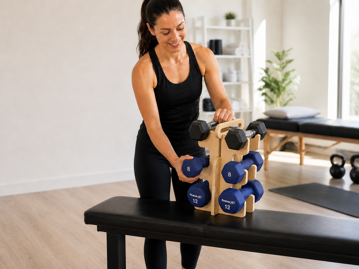 Woman pulling dumbbell out of dumbbell caddy