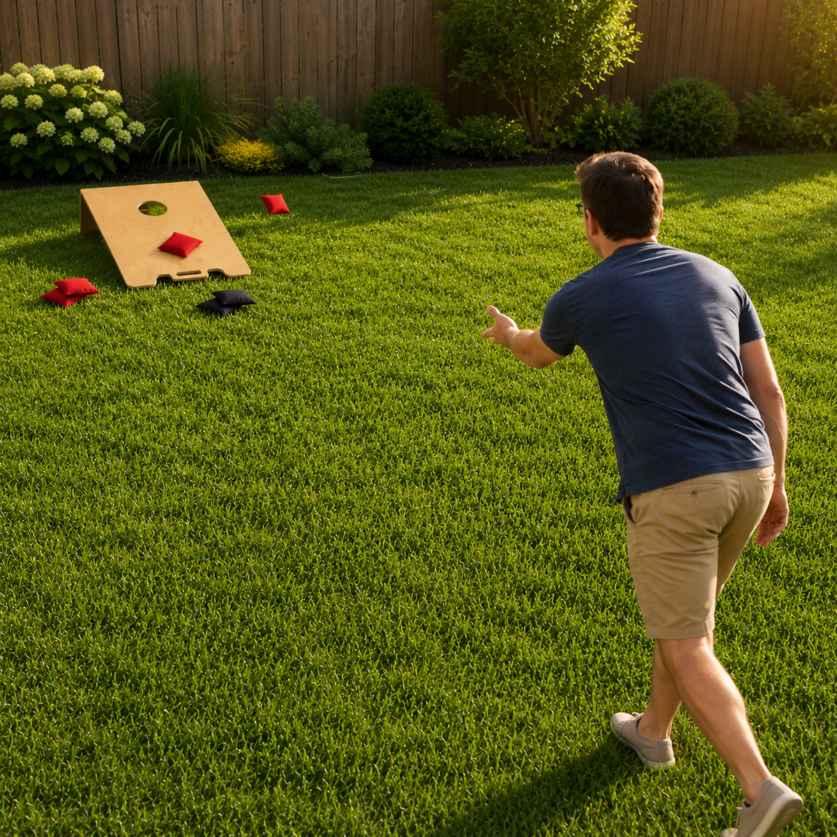 Man throwing a bean bag at a cornhole board