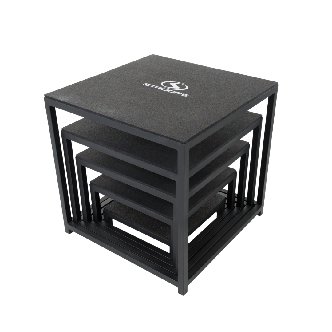 Set of black nesting plyoboxed with a logo on a white background