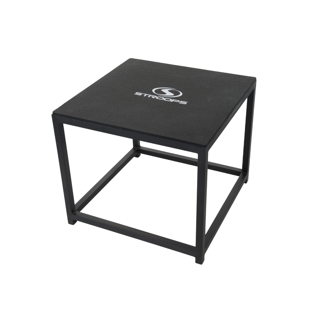 Black square step platform with 'STROOPS' logo on a white background