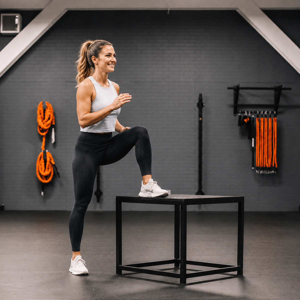 Woman exercising in a gym setting with with deluxe plyobox