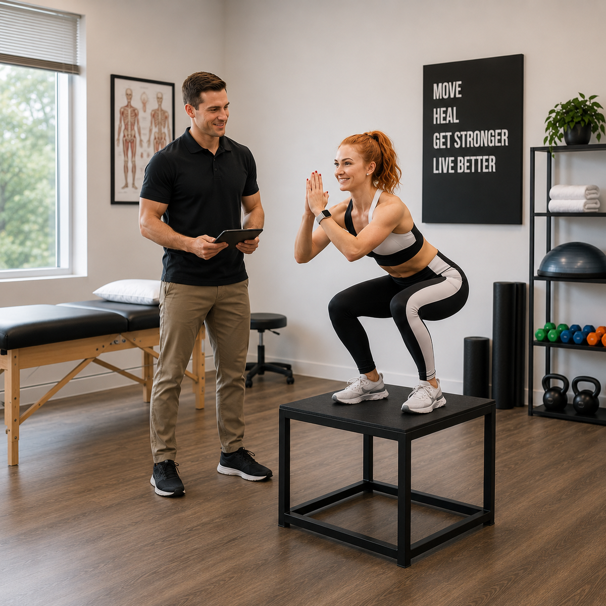 Woman exercising on a box with a personal trainer observing in a fitness room.