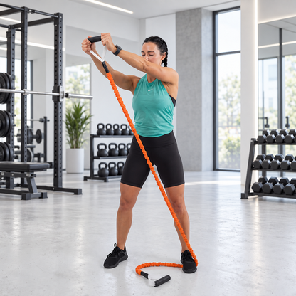 A woman in a gym wearing a teal tank top and black shorts, using an orange resistance band with foam handles on a light gray floor.