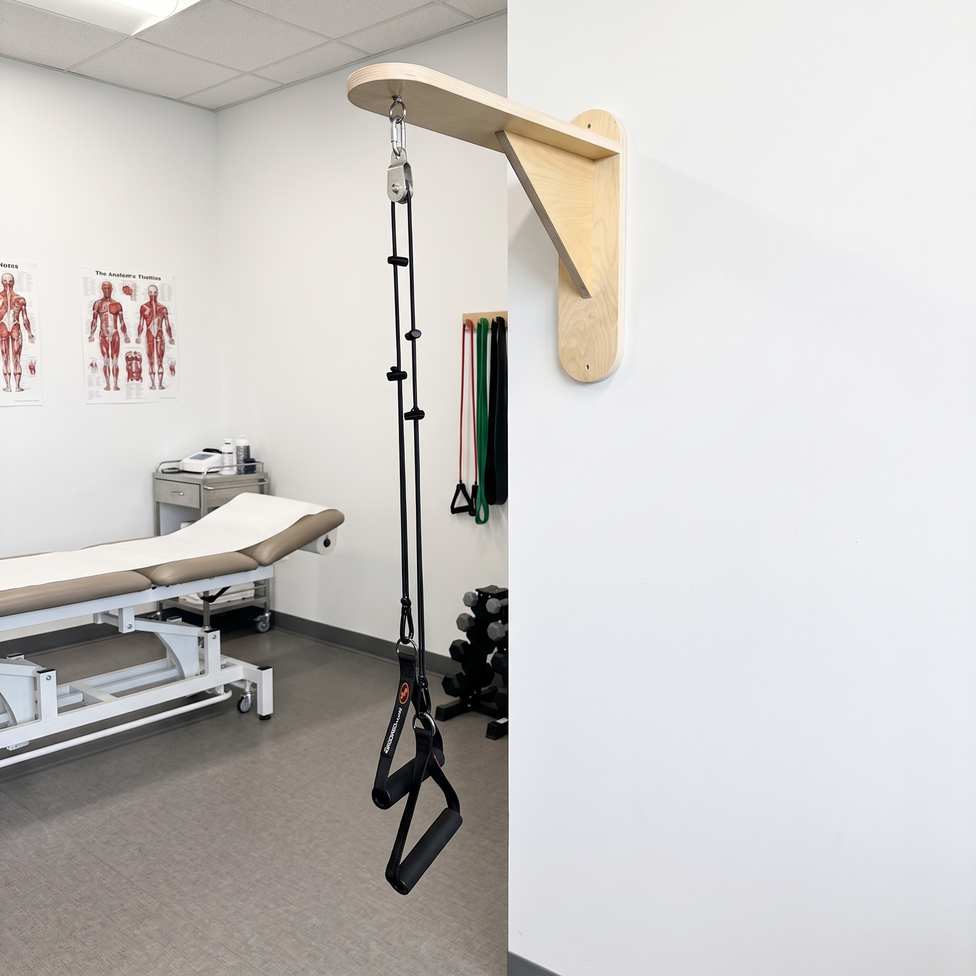 A wall-mounted suspension exercise system with a wooden wall anchor, black straps, and handles hanging in a clinical or therapy room with an exam table and anatomical posters visible.