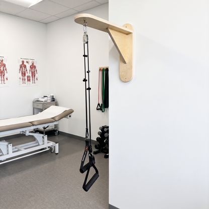 A wall-mounted suspension exercise system with a wooden wall anchor, black straps, and handles hanging in a clinical or therapy room with an exam table and anatomical posters visible.