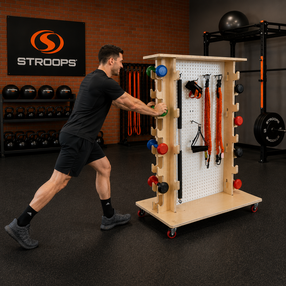 Person pushing an equipment rack in a gym setting with Stroops branding.