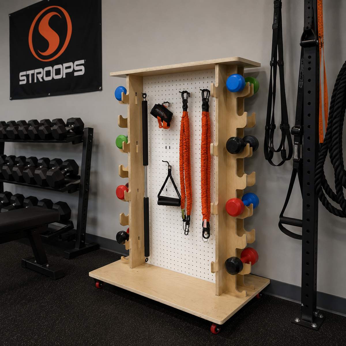 Wooden pegboard with fitness equipment in a gym setting