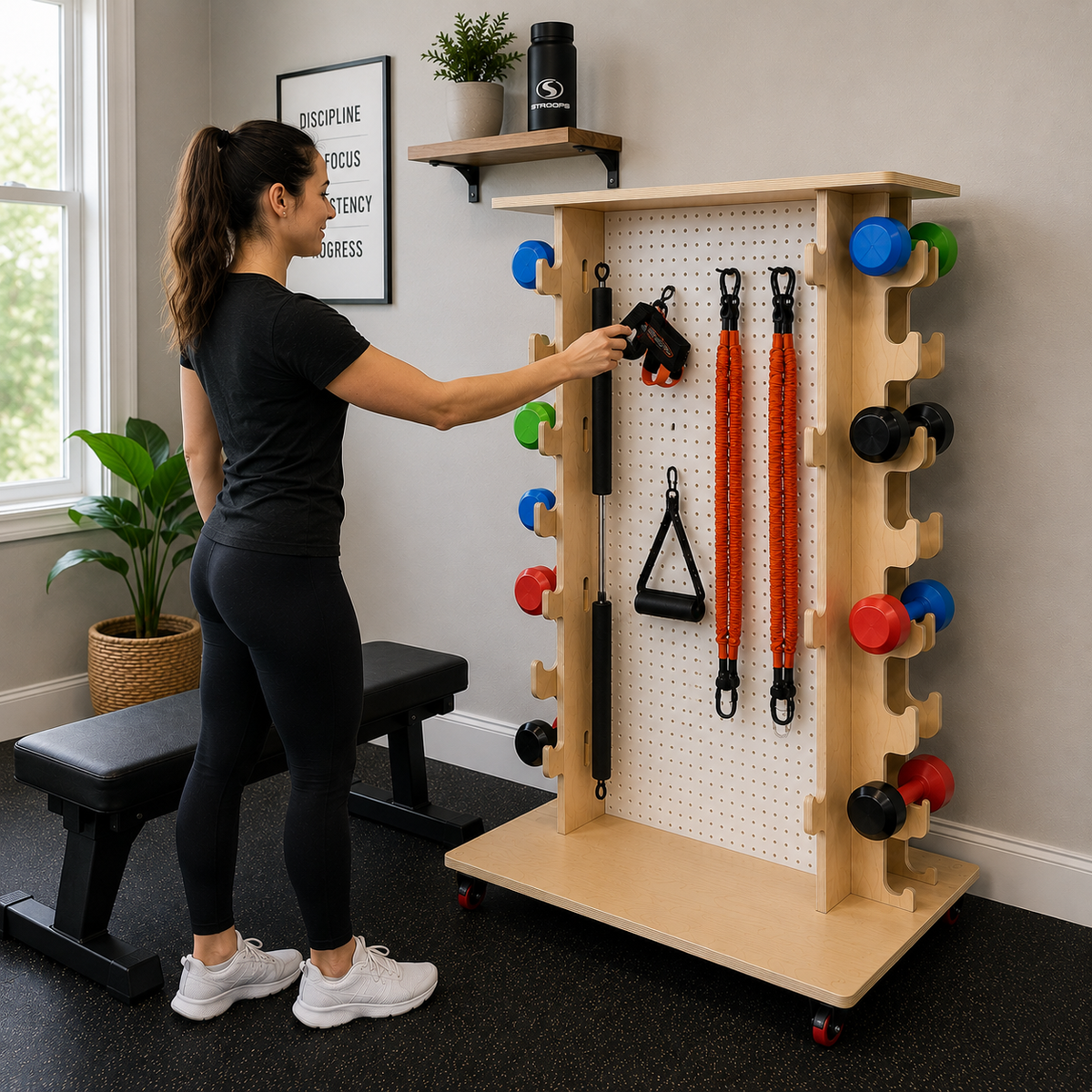 Woman interacting with a wooden pegboard fitness station in a home gym.