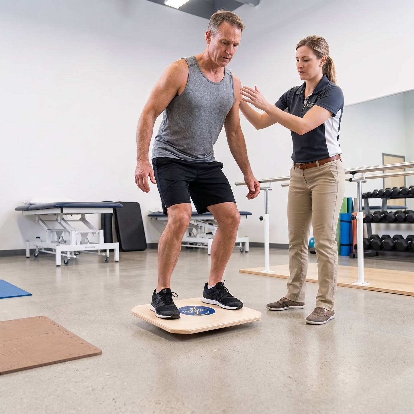 A man in a gray tank top and black shorts stands on a balance board while a female therapist in a navy polo and khaki pants offers guidance in a bright physical therapy gym.