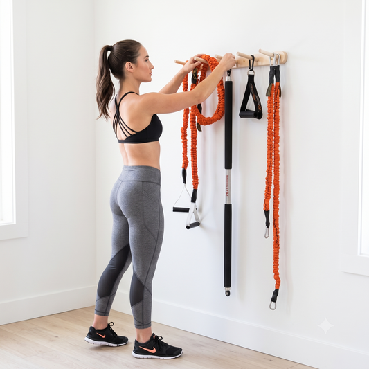 A woman in a black sports bra and gray leggings hangs resistance bands and a black foam roller on a wall-mounted wooden rack in a bright room with white walls and light wood flooring.