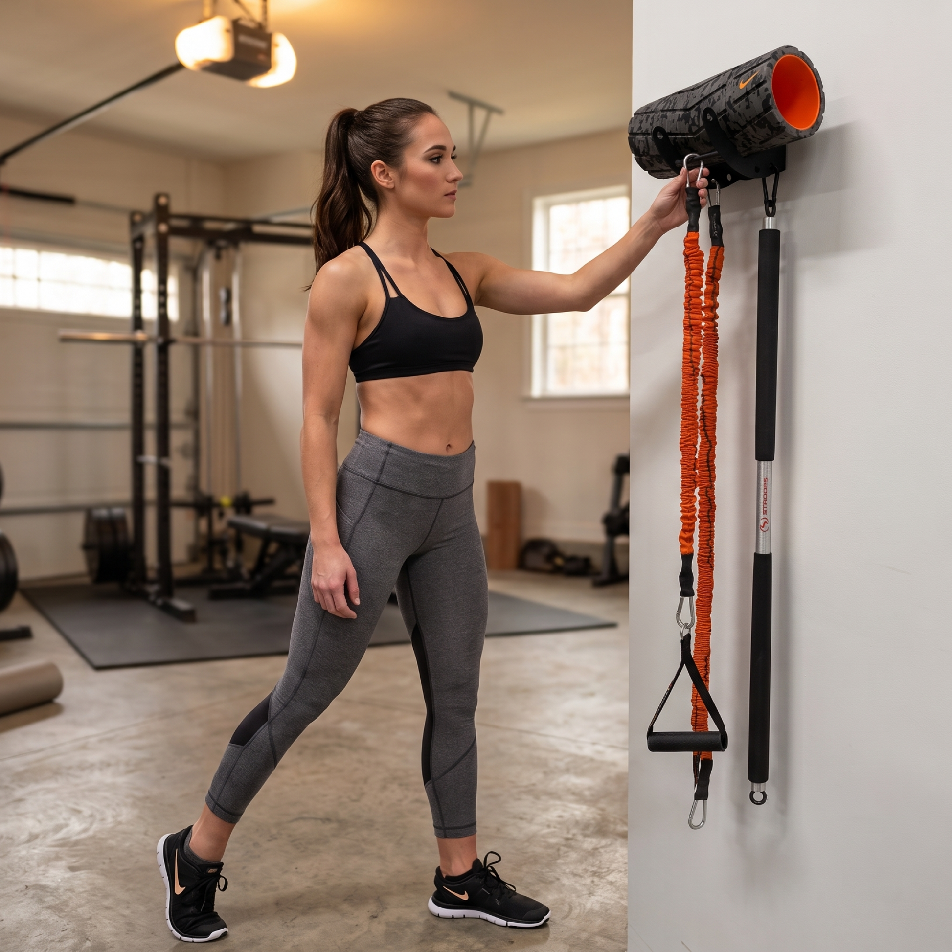A woman in a home gym setting demonstrates a wall-mounted foam roller and resistance bands. She is wearing a black sports bra and gray leggings, standing in a well-lit garage-style gym with exercise equipment in the background.